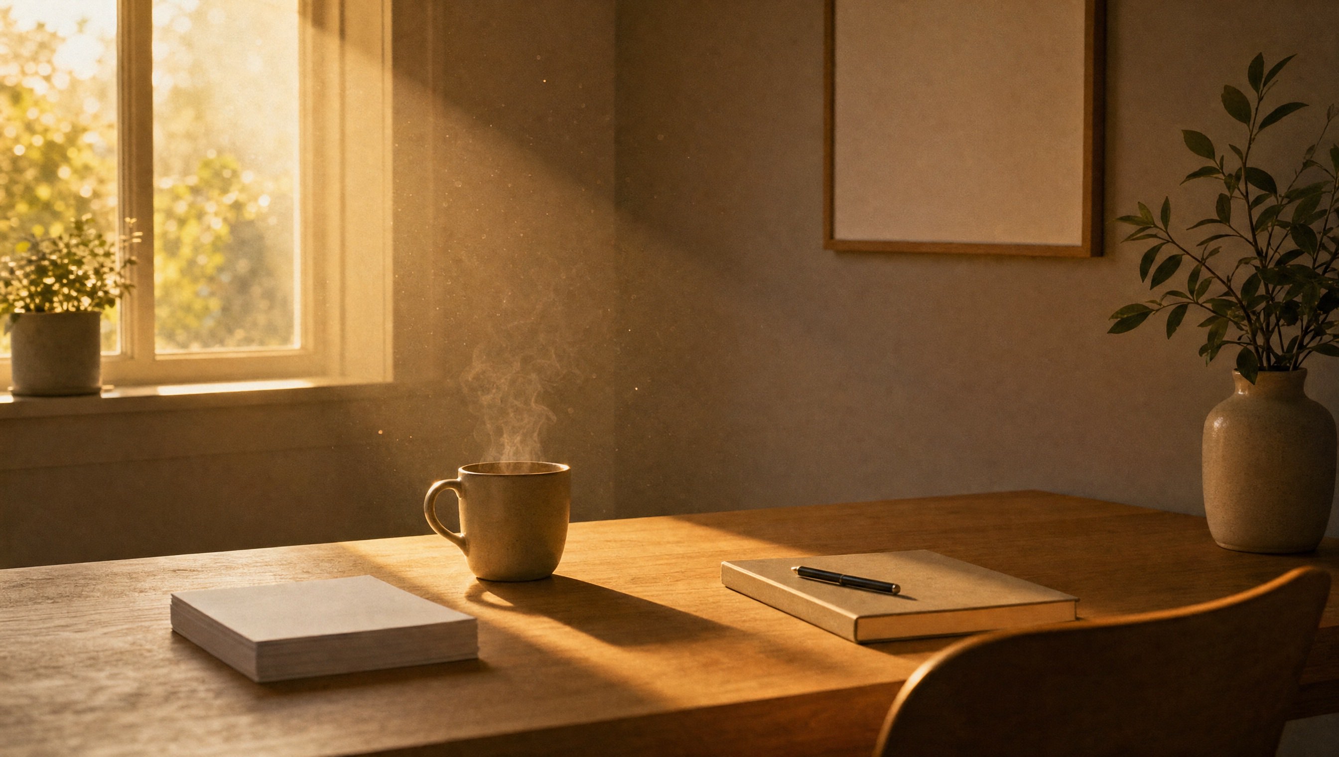 The same desk at golden morning — one neat stack of envelopes, coffee steaming in the sunbeam, a closed notebook.