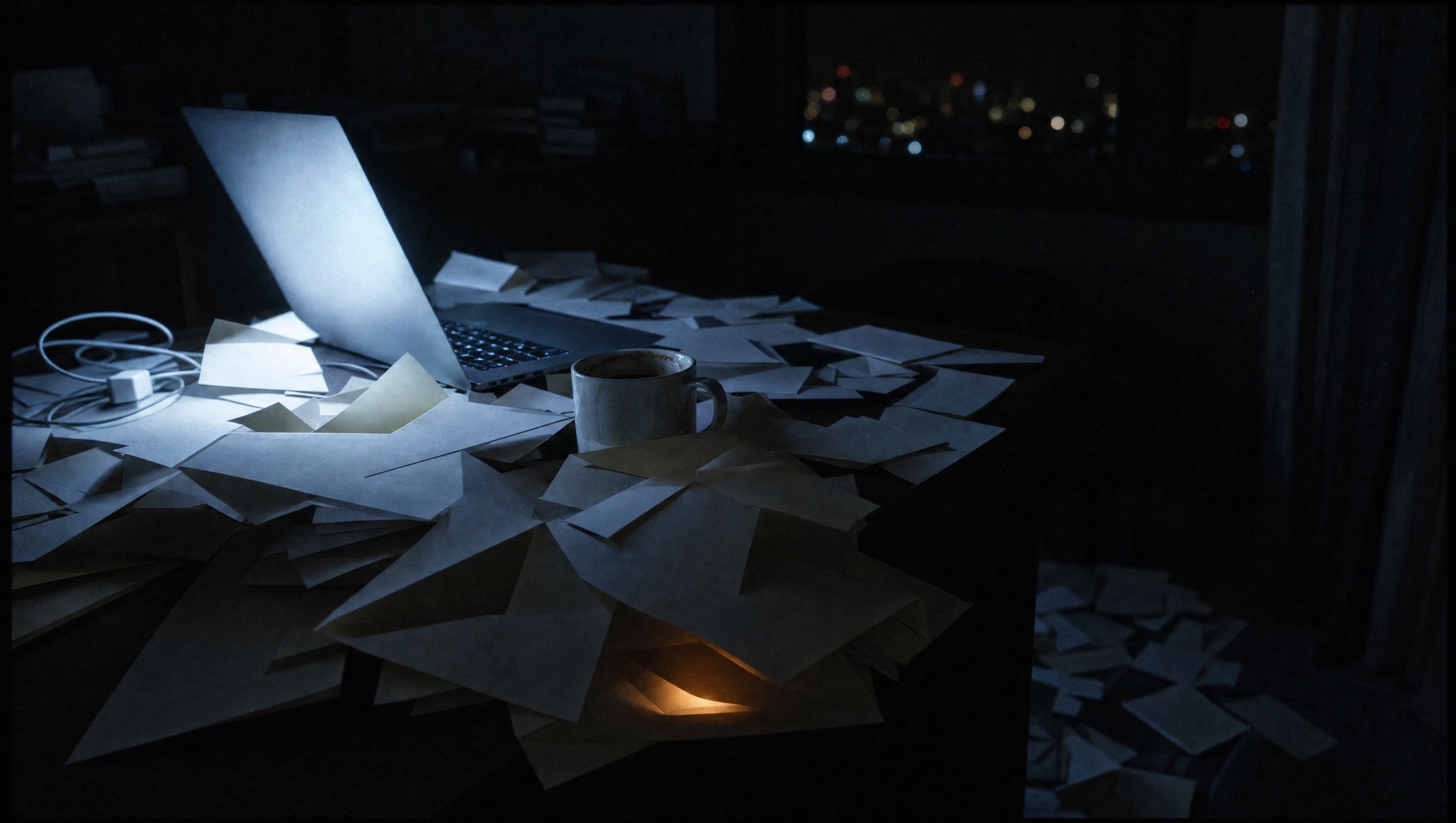 A desk at midnight lit only by a laptop screen, buried under loose papers and envelopes — one envelope deep in the pile glowing faint amber.